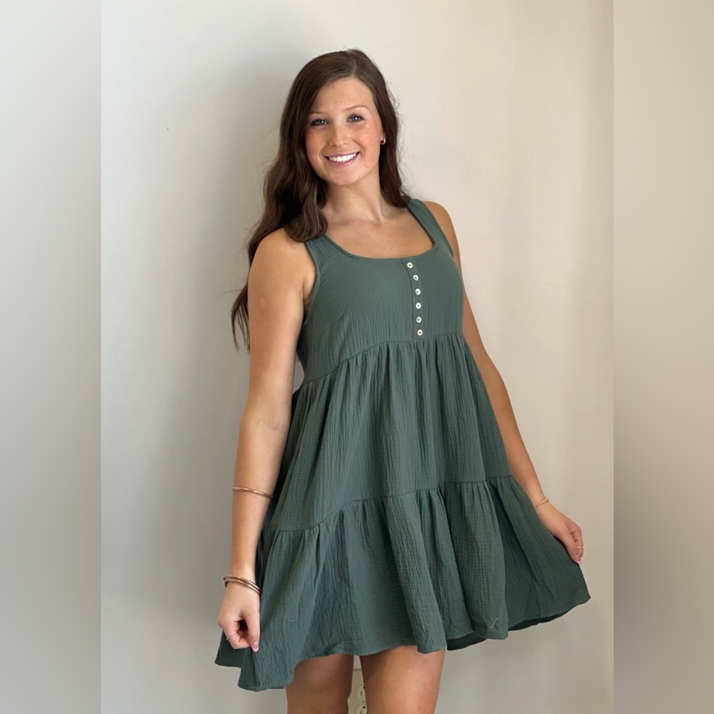 Women's Sleeveless Tiered Button-Front Tank Dress-Olive Green